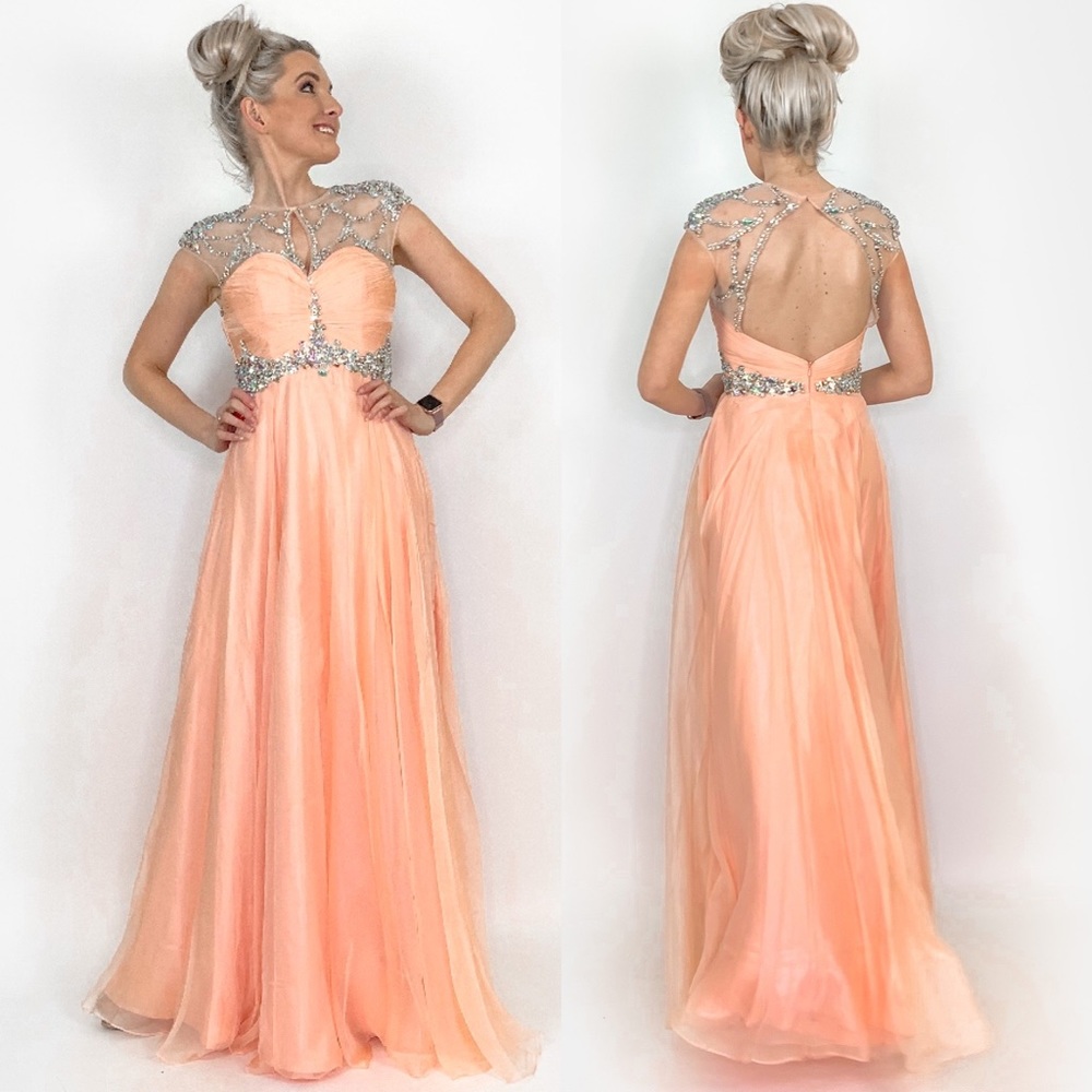 Peach Illusion Rhinestone Prom Pageant Dress